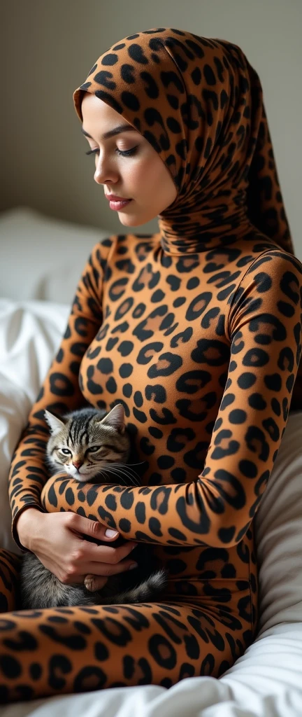 The most beautiful,thin,most pretty and clever Asian muslimah adult girl wears leopard print lycra turtleneck unitard catsuit.She always wear leopard print lycra dancewear stretchy square hijab.She sits on the bed and hugs a cute little cat.