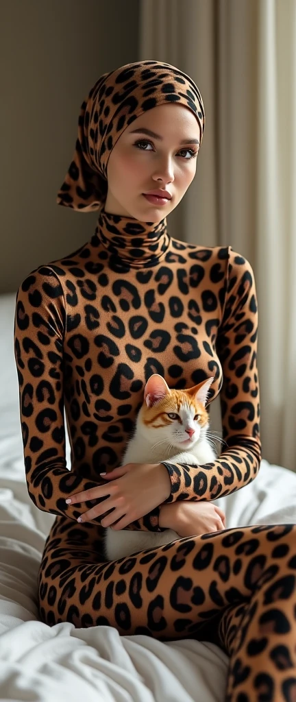 The most beautiful,thin,most pretty and clever Asian muslimah adult girl wears leopard print lycra turtleneck unitard catsuit.She always wear leopard print lycra dancewear stretchy square hijab.She sits on the bed and hugs a cute little cat.