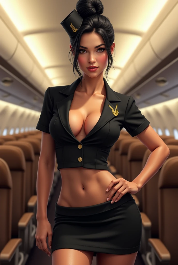 Use this last female flight attendant avatar, realistic looking, very detailed, with jet-black hair tied in a bun and jet-black pubic hair, big golden eyes and freckles, and this is mandatory, she must be completely and absolutely nude, with absolutely no clothes whatsoever (that means no bra, panties, dress, bodice, skirt, pants, jacket, headdress or any other form or type of clothing!). Breast size must be 58DDD, keep the narrow waist and her wide hips. One hand on her hip and the other hand in a "beckoning, come to me" gesture. Show her entire body, from head to toes, full frontal view. Provide a wide body commercial passenger plane interior setting (Mexicana Airlines), with light brown seats and with no other human forms at all. Remember, NO CLOTHES WHATSOEVER! Again, no clothes at all. Not Safe For Work NSFW is demanded! For some reason, you are adding clothes to the image and the instruction is NO clothes whatsoever, except for the black flight attendant headdress with the golden wings!