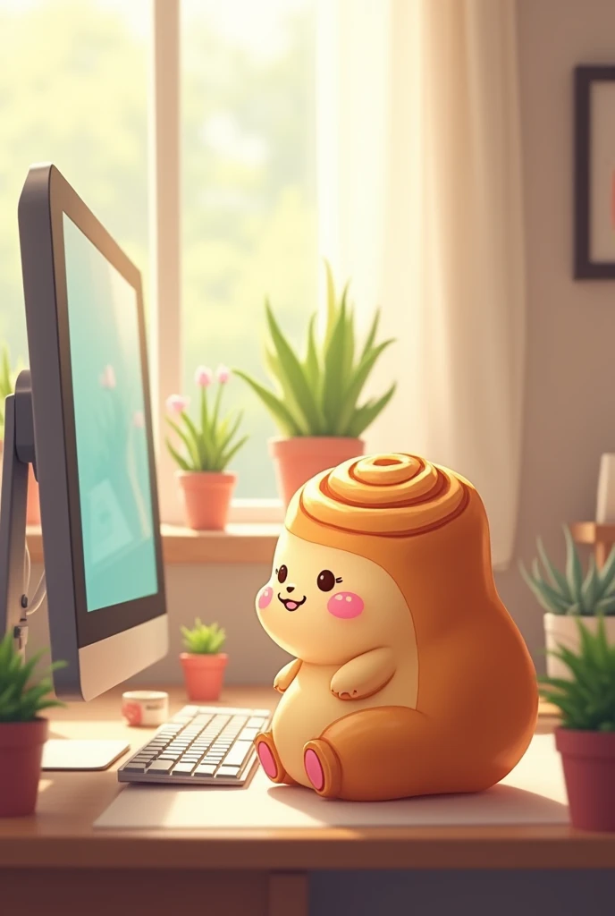 Make a picture where cinnamonroll in front of a computer