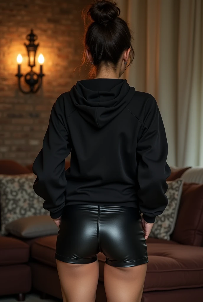black woman hair in a bun black hoodie black leather short shorts being fucked in the ass by a old grandma in a dress