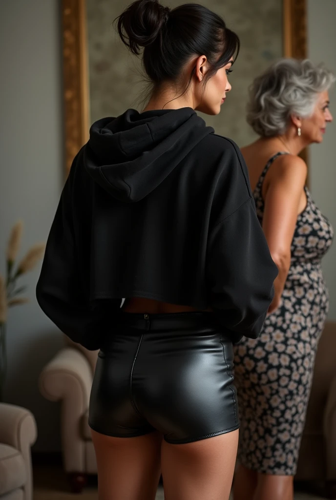 black woman hair in a bun black hoodie black leather short shorts being fucked in the ass by a old grandma in a dress