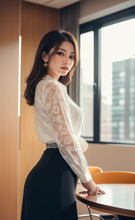 (a gorgeous woman wearing a white lace blouse and long skirt, lifting morale in a nepotistic company conference room, extremely detailed, photorealistic, intricate details, beautiful elegant woman, sensual, alluring, soft lighting, warm color tones, cinematic composition, high quality, masterpiece, sfw)