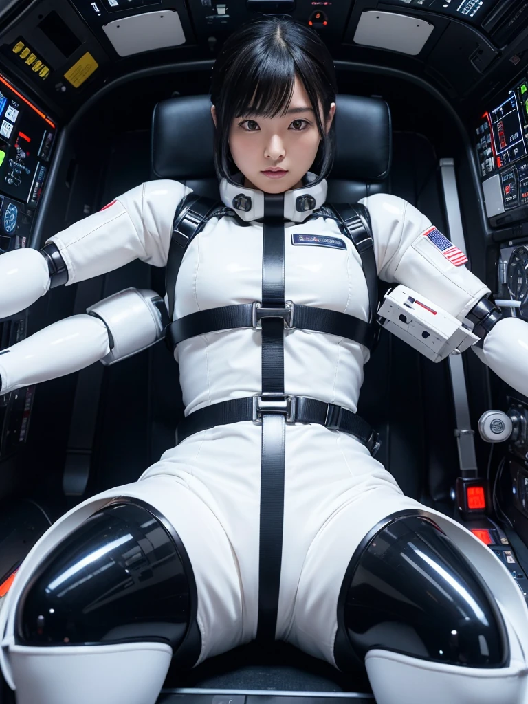 Japanese female android,Black Hair,He is securely fastened to his cockpit seat in a spacecraft by a thick harness.,Plump,Chubby,Spread your legs,Squat,Shiny white robot suit,Robotic arms and legs,Surrounded by switches and monitors,