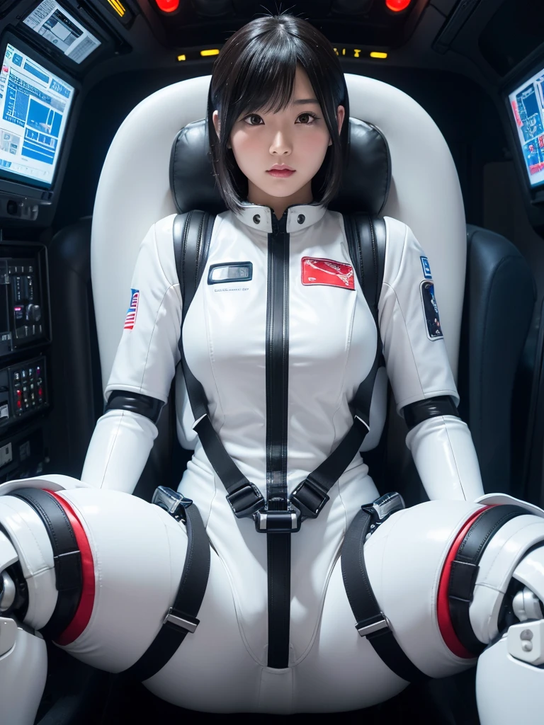 Japanese female android,Black Hair,He is securely fastened to his cockpit seat in a spacecraft by a thick harness.,Plump,Chubby,Spread your legs,Squat,Shiny white robot suit,Robotic arms and legs,Surrounded by switches and monitors,