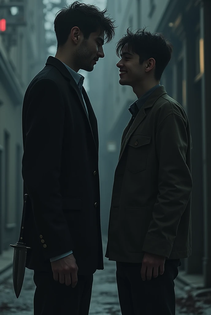 "Two friends are in an urban setting, one of them with a fake smile while hiding a knife behind his back. The other friend smiles genuinely, without realizing the impending betrayal. The background of the image is dark, with shadows and dark colors, creating an atmosphere of distrust and falsehood. Facial expressions should convey the difference between sincerity and falsehood.."