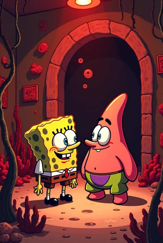 Scene: Inside SpongeBob's house.
Description: SpongeBob and Patriki are whispering to each other. The room is decorated with underwater elements, all outlined in black, with selective highlights in red. The characters are drawn in a cartoonish style, with expressive faces—SpongeBob in his usual yellow (now in shades of red) and Patriki in his familiar look, both shaded with red tones, while the background features darker, muted reds.