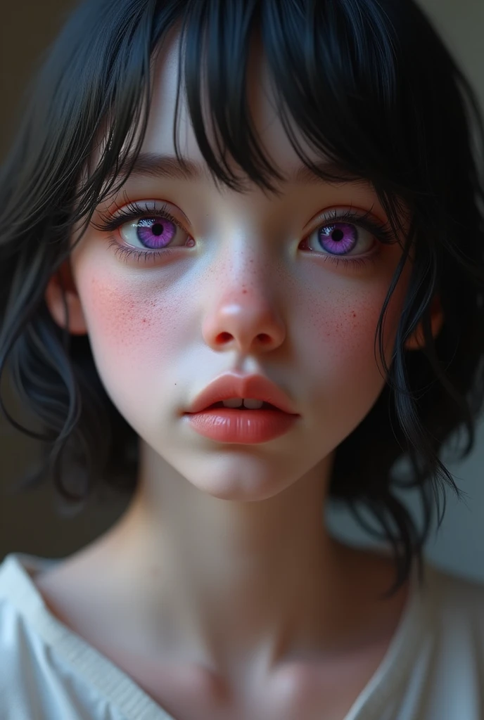 High resolution, Anatomically correct, High detail, Textured skin, Purple eyes, pout, Background blur,