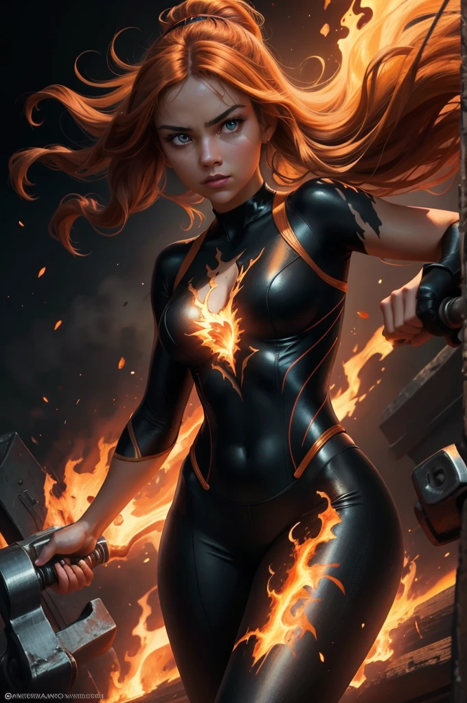 Create a breathtaking masterpiece,Shows a beautiful girl unleashing her fire superpowers, Elegant portrait reminiscent of a modern Rembrandt, A blend of beauty and power. Imagine her as charming as Fireman from Fantastic Four, A pair of piercing neon orange e5 eyes glowed in the flames that surrounded her. Fashionable, Fitted neon orange lycra bodysuit, She exudes an aura of exhilarating intensity and power.. Her upper body should be the center of the portrait., Capture her in a strong and dynamic pose
