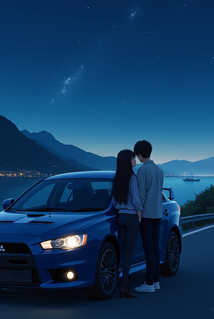 A couple (the women  have black and long hair, and the man have brown and short hair) leaning on a Mitsubishi Lancer X watching the night  on japon on the coast at the distance 
