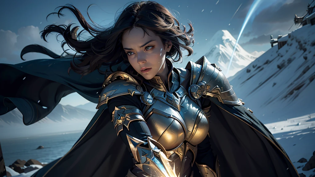 8K, Ultra HD, Highest quality, (Very detailed), Dynamic Angle, Mysterious expression, wind-effect, fantasy background, Edge lighting, Movie Lighting, Ultra-high resolution, 8K UHD, Film Grain, Better shadows, Moderate, Raw, Light Particles, Delicate skin texture, Detailed armor textures, Delicate face, Intricate details, Very detailed, bright, Strong, Gold Armor, (Glowing longsword), reduce, Crushing, Scapula, Long cape, fantasy, (Practical), Scapula, complex, With complex, Perfect lighting, Viewers, Movie Lighting, flight Keywords: flight, Holy Light, Energetic, Bangs, wind, Female Knight,volcano,night,magma,castle,Large Breasts