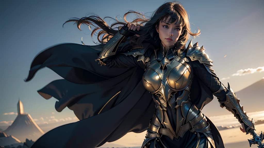 8K, Ultra HD, Highest quality, (Very detailed), Dynamic Angle, Mysterious expression, wind-effect, fantasy background, Edge lighting, Movie Lighting, Ultra-high resolution, 8K UHD, Film Grain, Better shadows, Moderate, Raw, Light Particles, Delicate skin texture, Detailed armor textures, Delicate face, Intricate details, Very detailed, bright, Strong, Gold Armor, (Glowing longsword), reduce, Crushing, Scapula, Long cape, fantasy, (Practical), Scapula, complex, With complex, Perfect lighting, Viewers, Movie Lighting, flight Keywords: flight, Holy Light, Energetic, Bangs, wind, Female Knight,volcano,night,magma,castle,Large Breasts