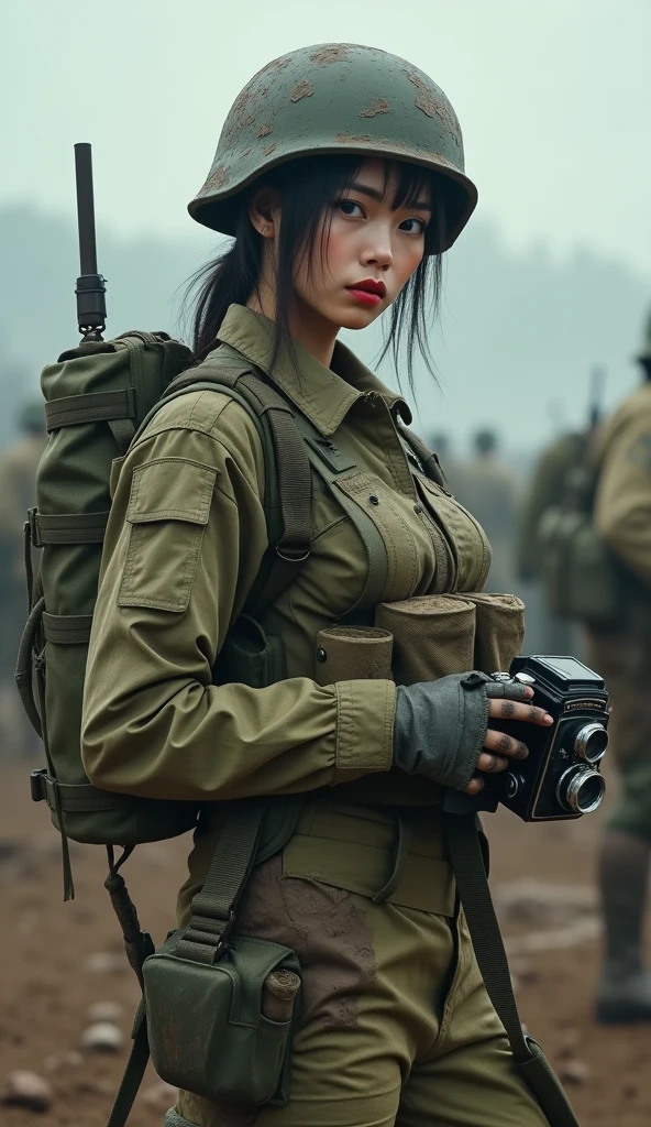 Photo-realistic, ultra-realistic, (very beautiful Japanese, famous Japanese idol:1.3), Fully equipped for battle, (painful impressions, crying:1.3), (wearing an army soldier's Camouflage outfits with military helmet:1.5), (at a battle field), very large breasts, (tactical vest, military harness:1.3), (military long boots:1), dynamic angle, spectacular, (muddied, damaged wears, damaged body:1.3), (Army archivist photographer), (holding a classical Rolleiflex flex camera:1.3), a TLR camera, (shoot from side)