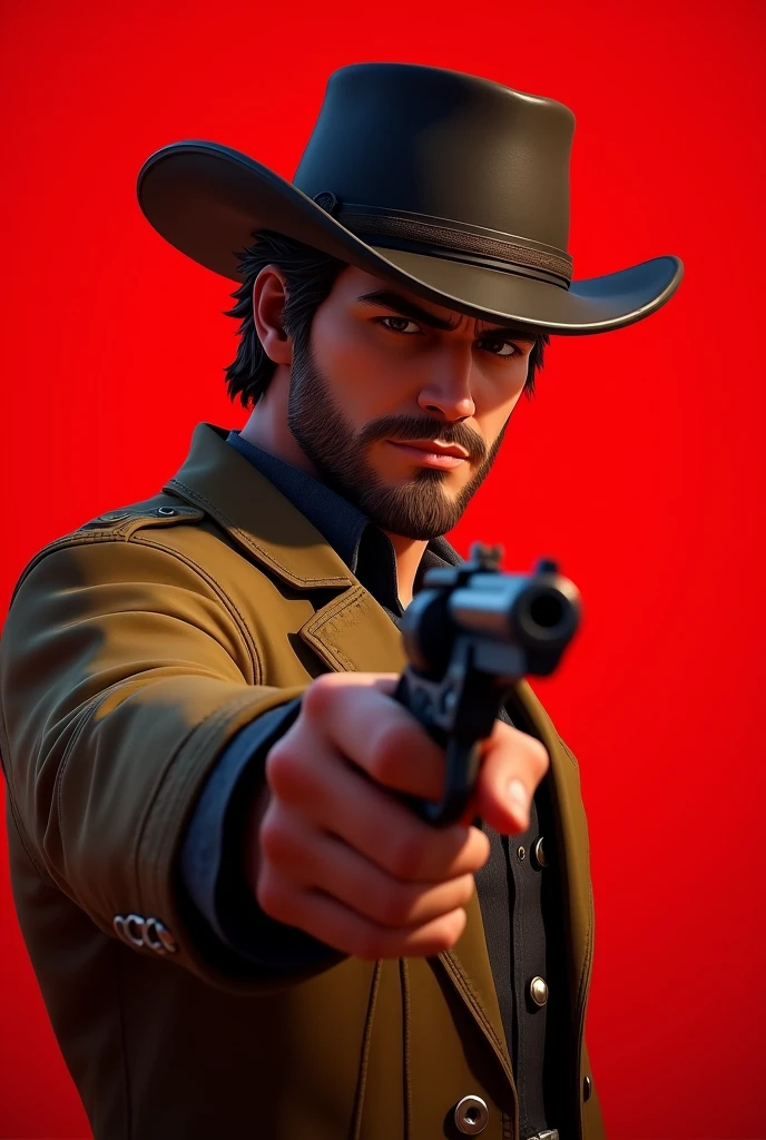 Generate an image of a read dead redemption 2 poster of my character pointing his revolver with a red background, make it a bit animated and just from half body up, hips up

Character: Tall, White, brown hair, young, shaved bear, with thick eyebrows, good jawline, having an agressive look, brown eyes, make him wear clothes from those years, wear a jacket and have a hat, 