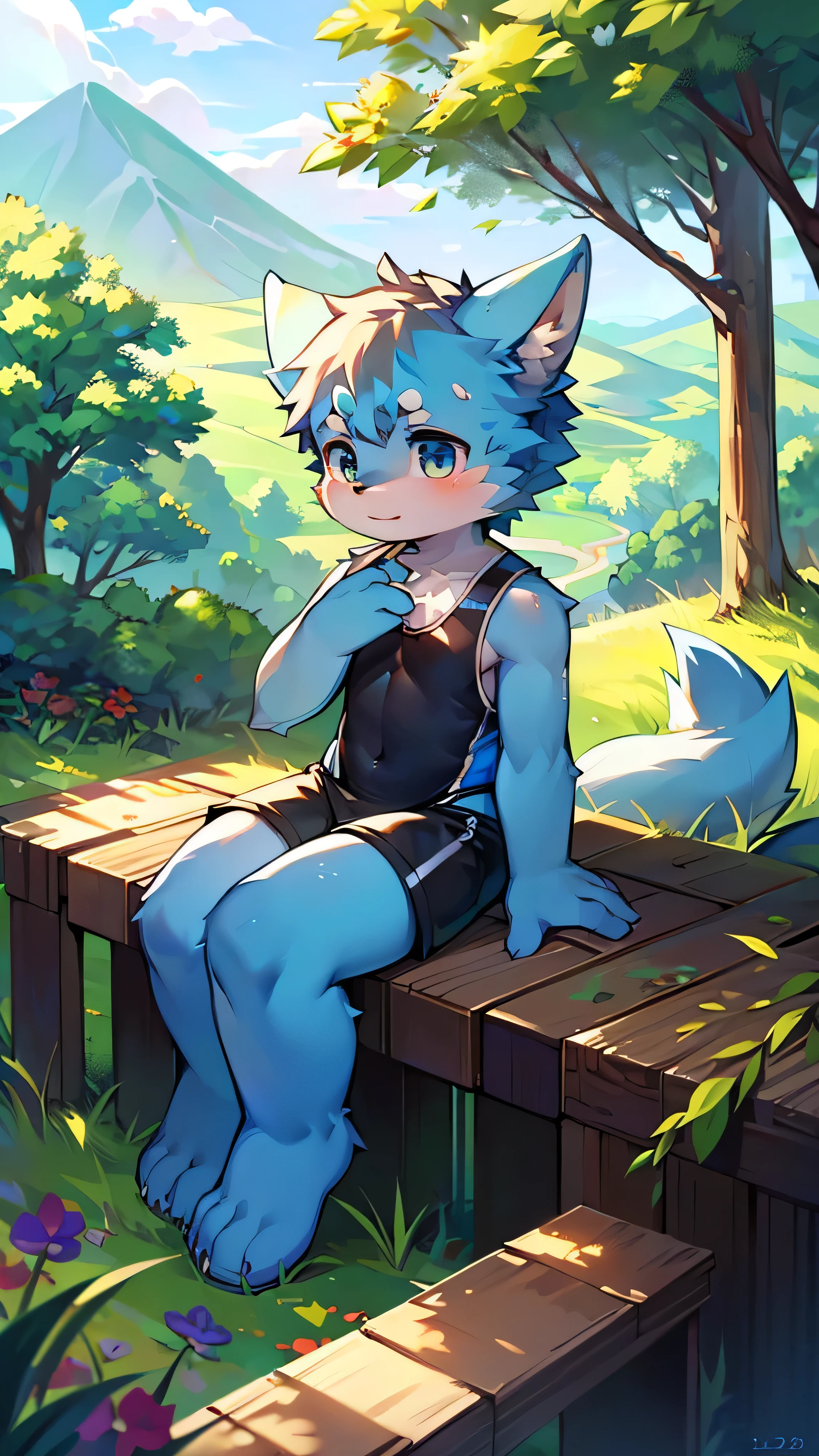 Features,super high quality,Very detailed,High resolution,超High resolution,Detailed Background,countryside,Not very detailed,超High resolution,Horny boy always details,超High resolution,Horny boy(Photos of solo travelers) (kemono,Furry Personification),Fluffy fur,かわいい耳のFeatures,Blue fur,dog,Wear a swimsuit,Black Swimsuit,bright,Shorts,alone