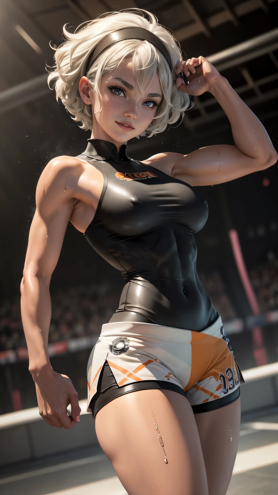 Bea da pokemon,(best qualityer,4K,8k,high resolution, work of art:1.2)(weather: windy), sport stadium background, short curly hair, gray hair, cropped shirt, micro shorts, thigh high stockings, headband, gloves, leotard, nipples, ultra detailed, realistic, beautiful detailed gray eyes, beautiful detailed lips, extremely detailed eye and face, long eyelashes, average, large breasts, flying hair, beaming smile, powerful girl in a combat, karate stance, sweating, wet body, bright coloured, dramatic lighting,