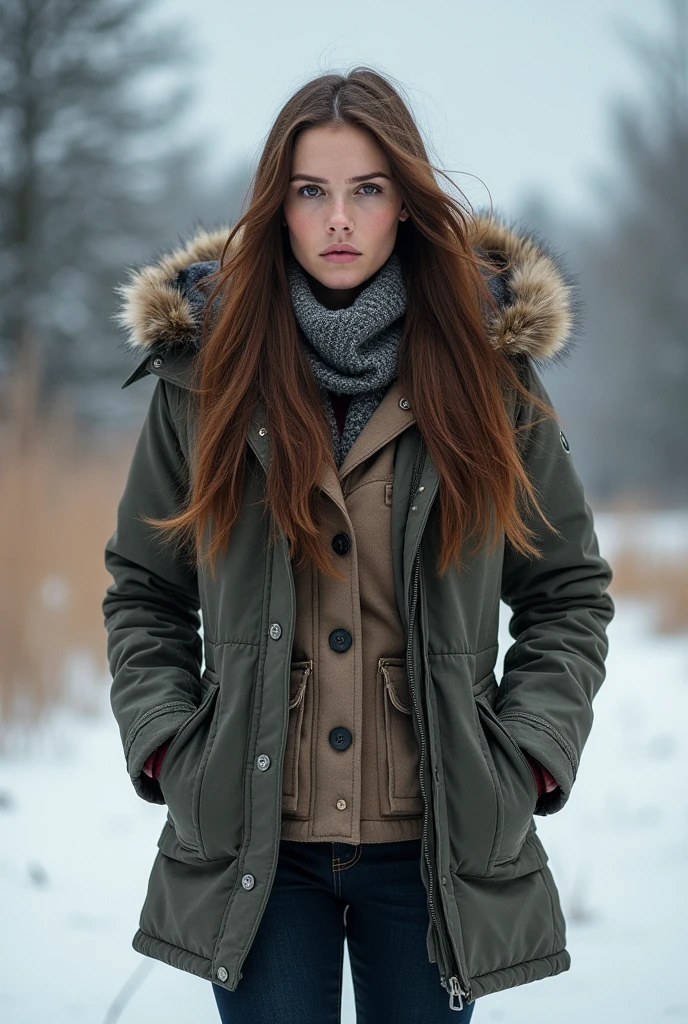 woman brown hair ,has 3 jackets on in winter 