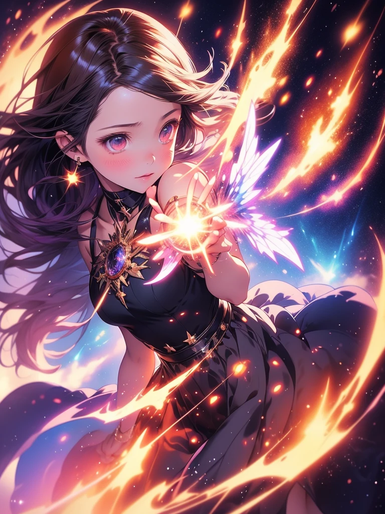 a picture taken from a digital painting of a girl in a dress, beautiful anime artwork, wearing a dress made of stars, beautiful anime art, makoto shinkai cyril rolando, magical dress, anime fantasy illustration, anime fantasy artwork, ethereal anime, anime girl with cosmic hair, dreamlike art, cosmic skies. by makoto shinkai, anime art wallpaper 4 k