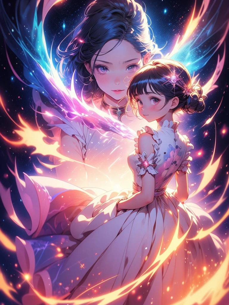 a picture taken from a digital painting of a girl in a dress, beautiful anime artwork, wearing a dress made of stars, beautiful anime art, makoto shinkai cyril rolando, magical dress, anime fantasy illustration, anime fantasy artwork, ethereal anime, anime girl with cosmic hair, dreamlike art, cosmic skies. by makoto shinkai, anime art wallpaper 4 k