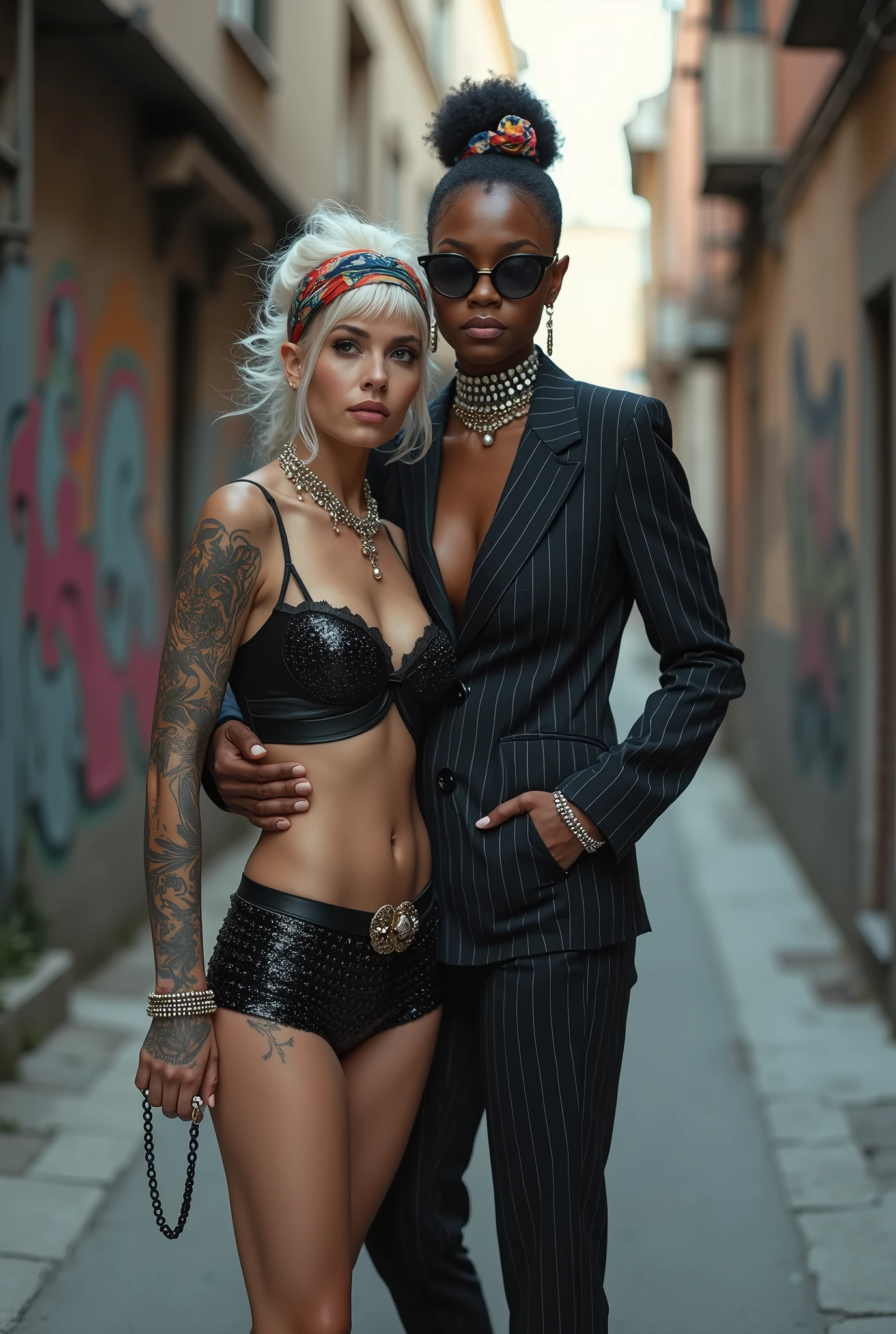 Two russian old milf women: the dominant aggressive dark skinned black woman in business pinstripe suit (jacket and trousers), black heeled shoes long ,nails and afro hair, standing up with separated legs and possessive stance showing off her new white girlfriend to the camera (hands on her white girlfriend's neck). Next to her, her white rich drunk girlfriend looks at the camera (white woman is very pale: pale face, pale neck, pale chest, pale arms, pale hands, pale stomach, pale leg), white woman stretches her neck and looks at the camera while twerking.. white woman is being seduced. White woman has separated legs, White woman"s body is twisted and unstable, the hands of white woman are on her waist. White woman wears low rise back sequins mini skirt and black silk stockings, platinum blonde hair (pouf, top bun, saved sides, wide colourful bandana as headband) and oversized square sunglasses as headband. Big lips with no makeup. White woman wears Black studded leather push up bra and has big breasts. Barefoot.. Lots of thick wide studded bracelets in the wrists of the white woman, big pearl necklaces around the neck of the white woman, and big rings, Pearl earrings. Loose chains and studded belts around the hips of the white woman. White woman is lazy, leaning on her girlfriend.. The white woman is densely tattooed on neck, tattoed chest, tattoed stomach, tattoed legs, wrists and feet. White woman has well Toned abdominals, thin neck, slim legs and thin arms. White woman has Narrow hips and noticeable tigh gap. The body of the white woman is twisted. On a narrow street with graffitied walls