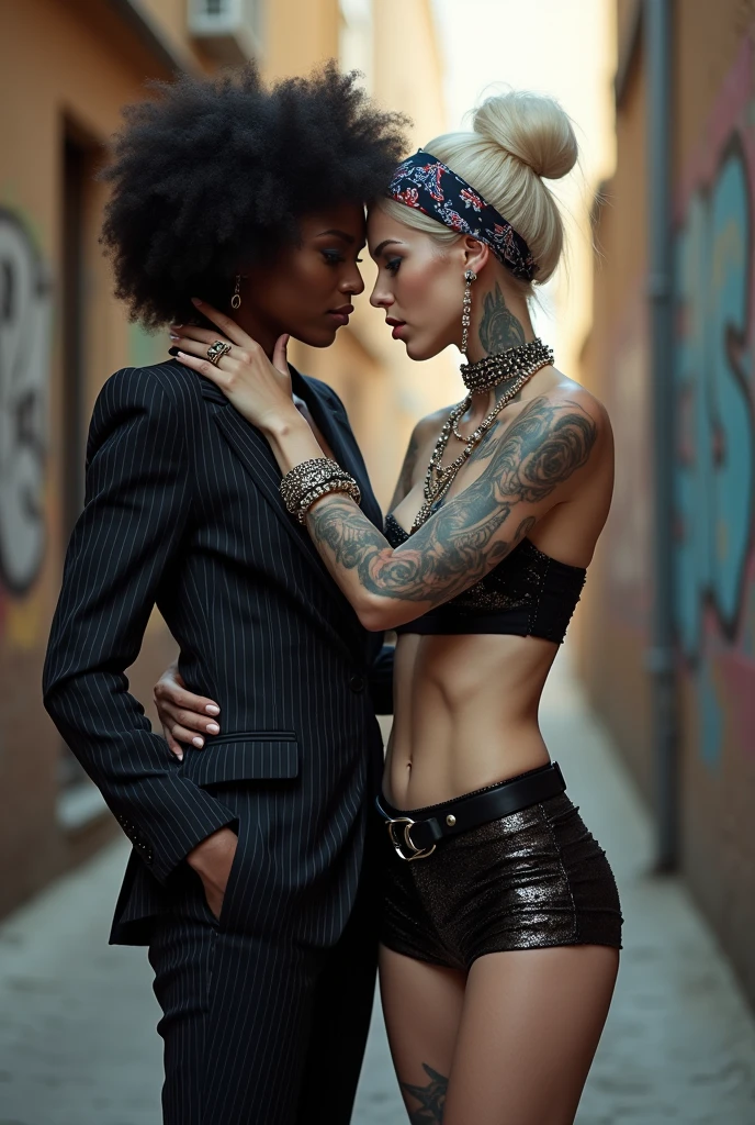 Two russian old milf women: the dominant aggressive dark skinned black woman in business pinstripe suit (jacket and trousers), black heeled shoes long ,nails and afro hair, standing up with separated legs and possessive stance showing off her new white girlfriend to the camera (hands on her white girlfriend's neck). Next to her, her white rich drunk girlfriend looks at the camera (white woman is very pale: pale face, pale neck, pale chest, pale arms, pale hands, pale stomach, pale leg), white woman stretches her neck and looks at the camera while twerking.. white woman is being seduced. White woman has separated legs, White woman"s body is twisted and unstable, the hands of white woman are on her waist. White woman wears low rise back sequins mini skirt and black silk stockings, platinum blonde hair (pouf, top bun, saved sides, wide colourful bandana as headband) and oversized square sunglasses as headband. Big lips with no makeup. White woman wears Black studded leather push up bra and has big breasts. Barefoot.. Lots of thick wide studded bracelets in the wrists of the white woman, big pearl necklaces around the neck of the white woman, and big rings, Pearl earrings. Loose chains and studded belts around the hips of the white woman. White woman is lazy, leaning on her girlfriend.. The white woman is densely tattooed on neck, tattoed chest, tattoed stomach, tattoed legs, wrists and feet. White woman has well Toned abdominals, thin neck, slim legs and thin arms. White woman has Narrow hips and noticeable tigh gap. The body of the white woman is twisted. On a narrow street with graffitied walls