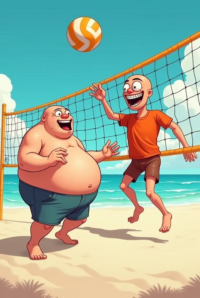 A fat man,bald and smiling man playing volleyball against a tall goalkeeper with braces