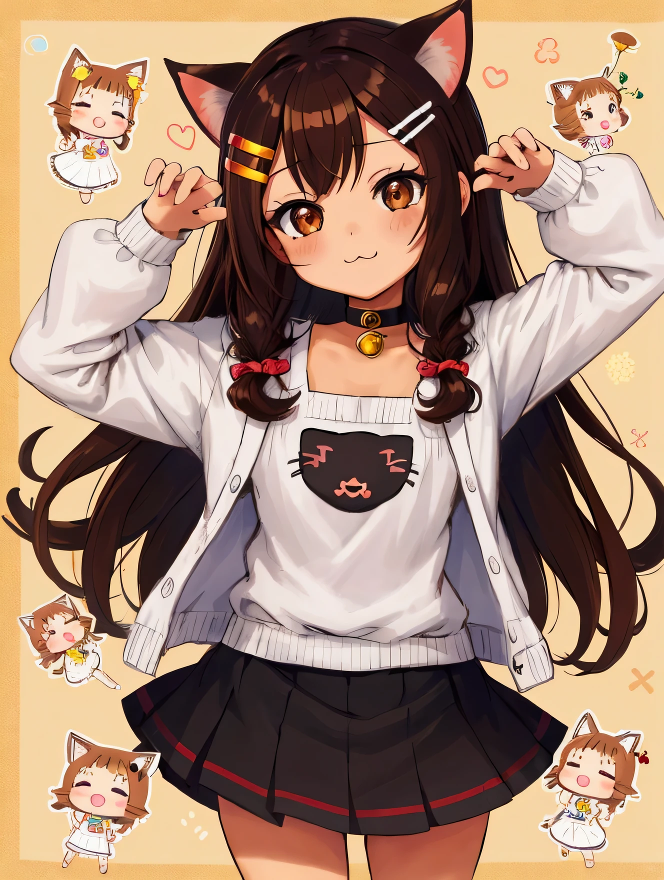 All intricate details, anatomia perfecta, cartoon style girl, 1 girl view, pretty, alone, hapy pose, skirt, brown hair, uwu, Hair ornament: ((cute chibi yarn cat))), chibi, virtual vtuber, brown hair, hair orn, cat smile, :3ament,HayaseNagatoro,nagatoro hayase, hair ornament, brown eyes, hairclip, tanned skin, black hair, random angle