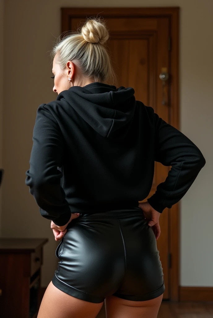 black woman hair in a bun black hoodie black leather short shorts being fucked in the ass by a old grandma in a dress