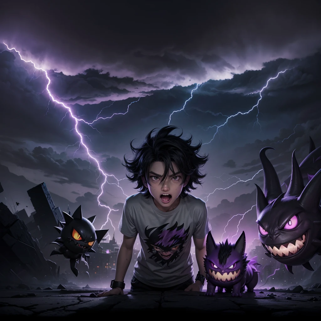 T-shirt with black background print with gray clouds and thick purple lightning bolts featuring the gastly evolution line, haunter and gengar in comic book art style