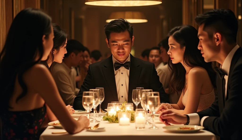 Asian man 3 at a dinner table with several people looking with desire at an Asian woman 30 years old long black hair