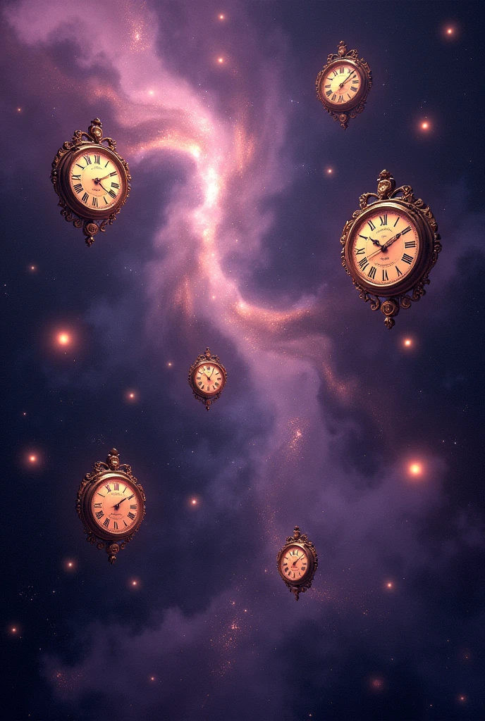make me a purple and black universe scene of floating clocks with lots of sparkling stars



