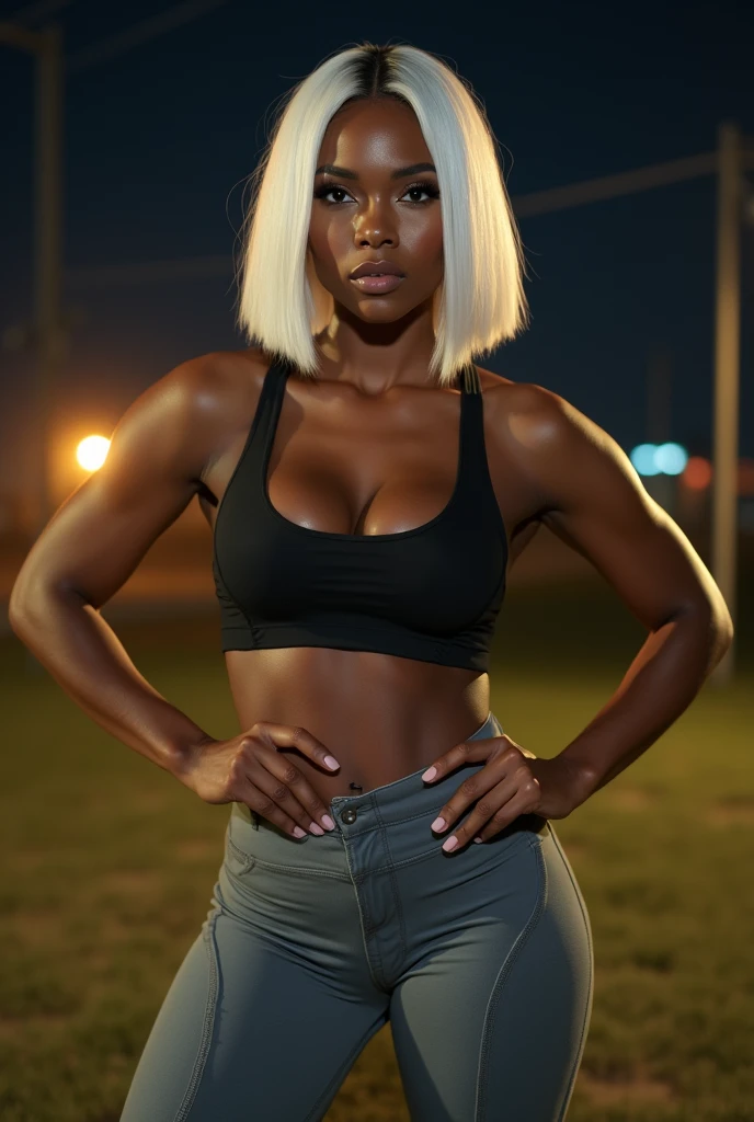 beautiful black woman, with straight white bob hair and large breasts open tits and sporty gray pants with no bra, detailed facial features, muscular athletic body, photorealistic, 8k, high quality, natural lighting, dynamic pose, outdoor setting at night