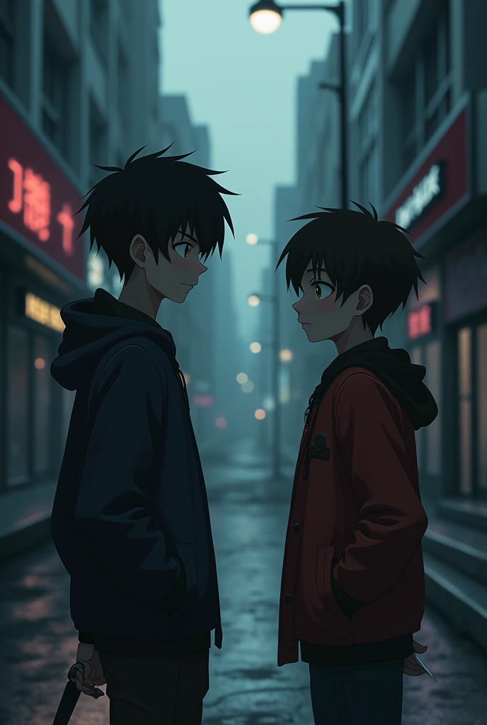 Animation of two friends standing in an urban setting, one of them with a fake smile while hiding a knife behind his back. The other friend smiles genuinely, without realizing the impending betrayal. The background of the image is dark, with shadows and dark colors, creating an atmosphere of distrust and falsehood. Facial expressions should convey the difference between sincerity and falsehood.."