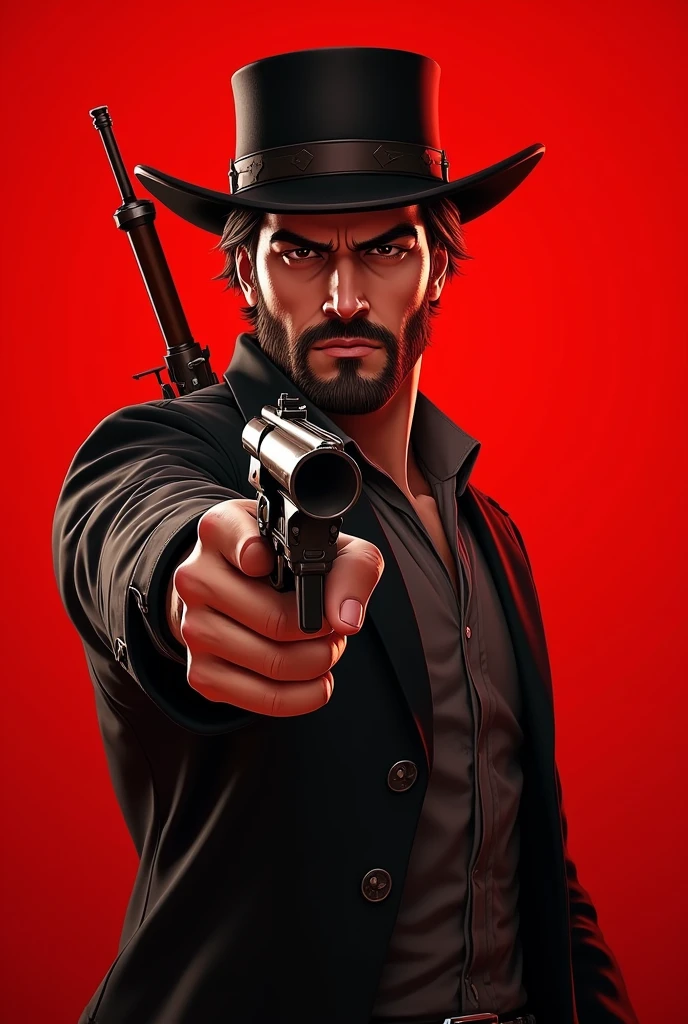 Generate an image of a read dead redemption 2 poster of my character pointing his revolver with a red background, make it a bit animated and just from half body up, hips up
Character: Tall, White, brown hair, young, shaved bear, with thick eyebrows, good jawline, having an agressive look, brown eyes, make him wear clothes from those years, wear a jacket and have a hat,
