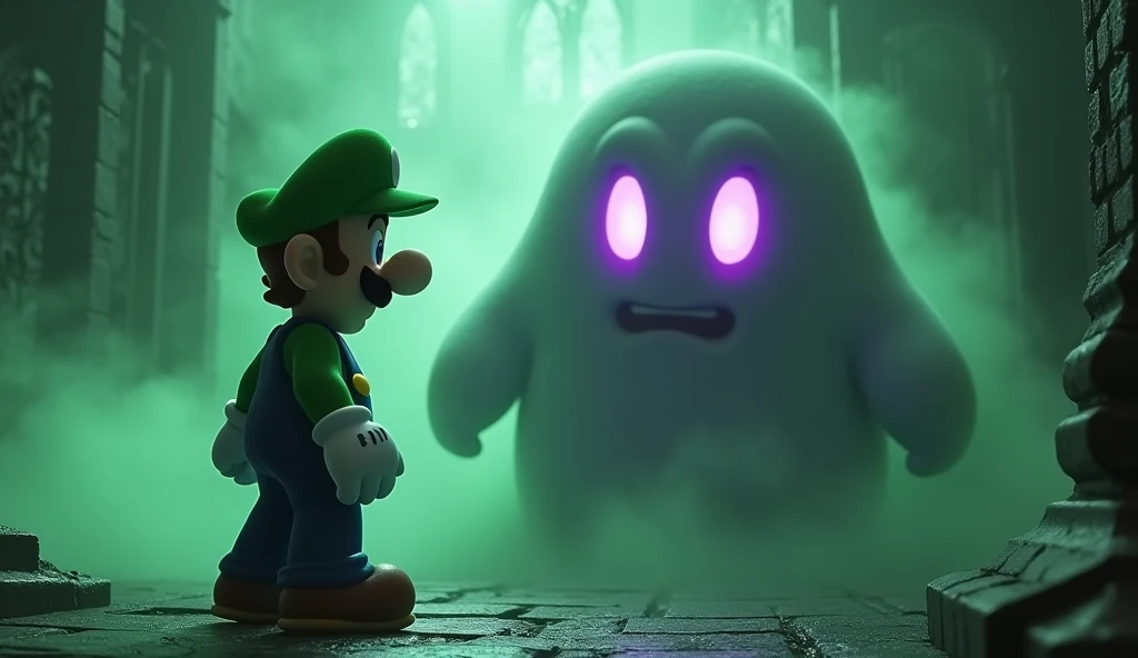 Luigi bravely fighting King Boo, horror atmosphere with a green haze, King Boo with Violet Purple Eyes, The place is inside a haunted mansion