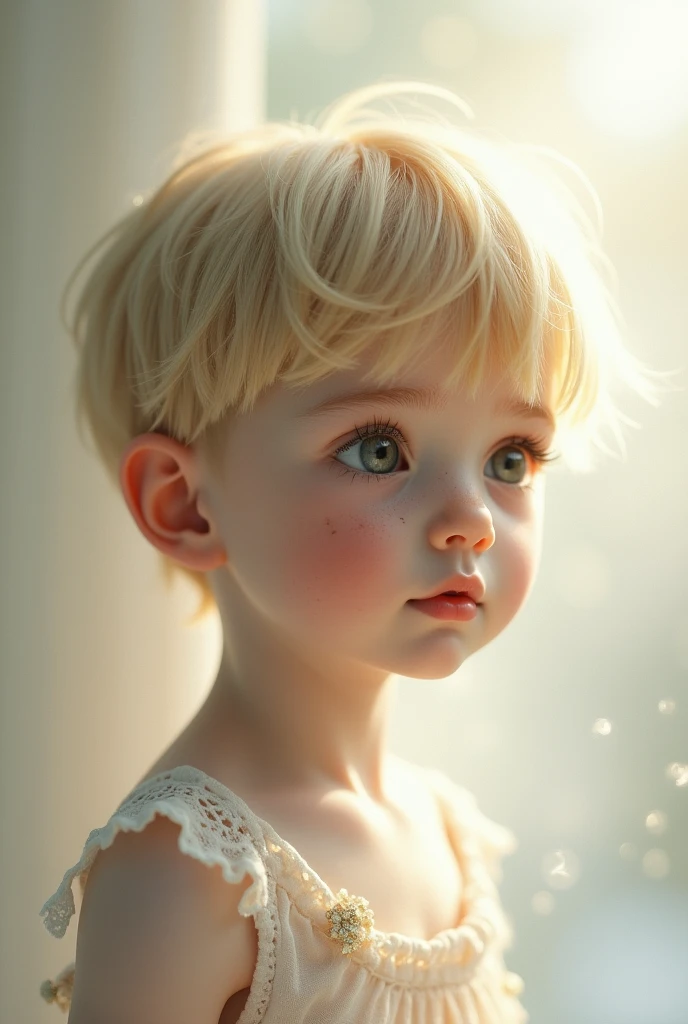 Make me a guy who looks 2, who is blond, has short but straight hair, has grey eyes, has pretty features and has more or less freckles on his face.
