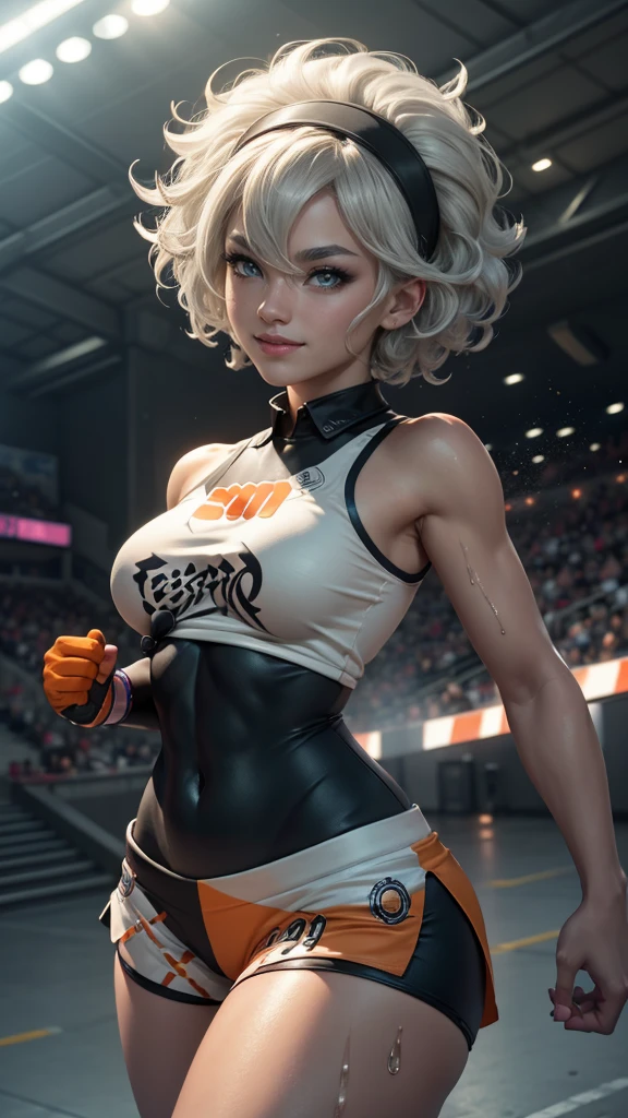 Bea da pokemon,(best qualityer,4K,8k,high resolution, work of art:1.2)(weather: windy), sport stadium background, short curly hair, gray hair, cropped shirt, micro shorts, thigh high stockings, headband, gloves, leotard, nipples, ultra detailed, realistic, beautiful detailed gray eyes, beautiful detailed lips, extremely detailed eye and face, long eyelashes, average, large breasts, flying hair, beaming smile, powerful girl in a combat, karate stance, wet body, bright coloured, dramatic lighting,