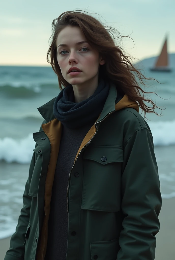 woman brown hair ,3 jackets in, at the sea 