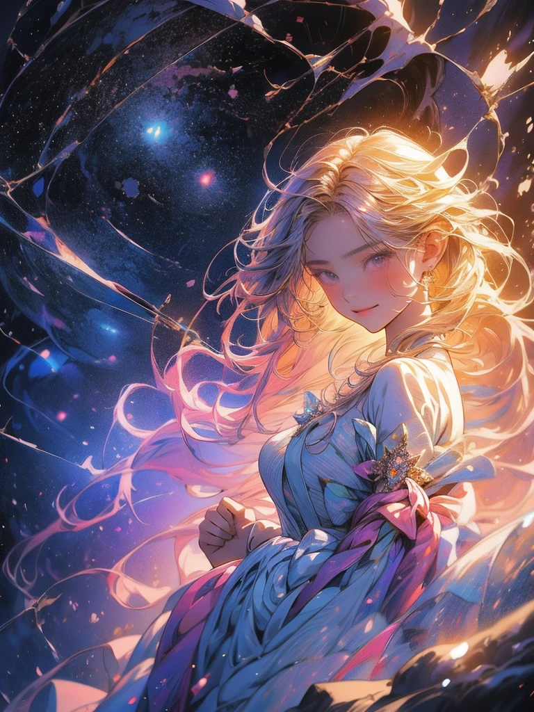 a picture taken from a digital painting of a girl in a dress, an anime drawing by Yuumei, pixiv contest winner, magical realism, beautiful anime artwork, wearing a dress made of stars, beautiful anime art, makoto shinkai cyril rolando, magical dress, anime fantasy artwork, anime fantasy illustration, ethereal anime, dreamlike art