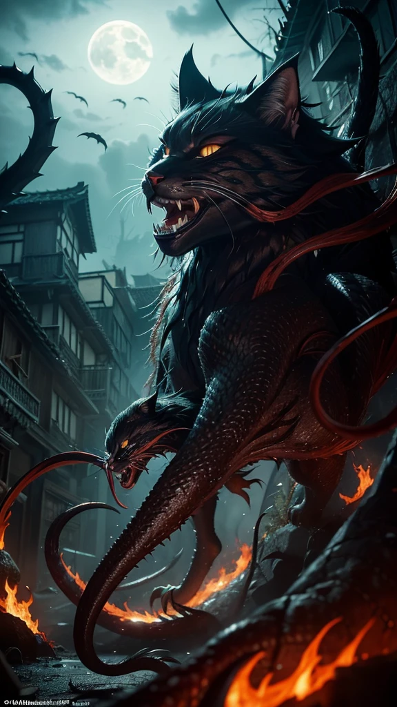 **Prompt:** Create an ultra-realistic 8K image of a Bakeneko, the shape-shifting cat from Japanese folklore, reimagined as the embodiment of ultimate horror while retaining its iconic features. The Bakeneko is depicted with sleek, pitch-black fur that seems to absorb all light, giving it an ominous, shadowy presence. Its eyes are a haunting, glowing red, burning with a malevolent intensity that pierces through the darkness, exuding an aura of pure evil.
The Bakeneko's form is slightly distorted, with unnaturally elongated limbs and a twisted, sinewy body that seems to move with an unnatural fluidity. Its two tails, now split near the base, writhe and twist like serpents, each tipped with sharp, spiked fur that bristles menacingly. Its claws are unnaturally long and razor-sharp, glistening with a dark, viscous substance that hints at its lethal nature.
The creature's mouth is slightly open, revealing rows of jagged, razor-sharp teeth that drip with a black, inky saliva, adding to its terrifying appearance. The fur around its neck stands on end, forming a jagged, spiky mane that makes the Bakeneko appear even more monstrous.
The background is a dark, abandoned village under a stormy, moonless sky, with crumbling buildings and overgrown vegetation that adds to the sense of decay and dread. The air is thick with an unnatural fog that clings to the ground, swirling around the Bakeneko as it stalks through the deserted streets. Shadows seem to stretch and reach out towards the creature, as if drawn to its dark power.
The Bakeneko's expression is one of cold, calculating malice, with a twisted grin that reveals its cruel intentions. This image captures the Bakeneko as the ultimate horror figure, blending its traditional mythical attributes with a nightmarish, monstrous presence that instills fear and unease in all who behold it.
