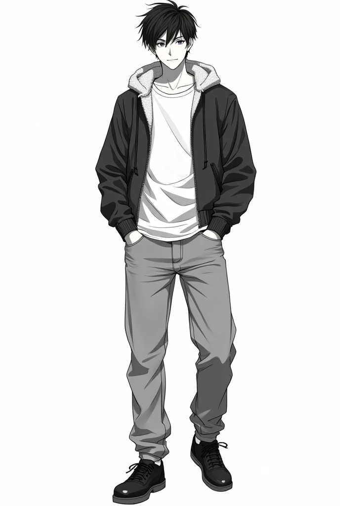 sketch, manga, anime, black and white, White background, adolescent, masculine, short hair, athletic body, attractive, maduro, cropped jacket with polar fleece on the hood, T-shirt tucked into pants, baggy jean pants, black shoes, anatomically correct, necessary
