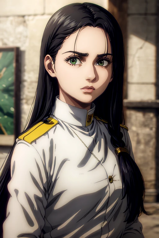 1 woman aged 35, long black hair, greeneyes, neutral expression, necklace on the neck, White military uniform, marley, liberia, Masterpiece artwork, best qualityer, retina, super detaill, 