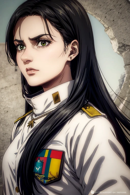 1 woman aged 35, long black hair, greeneyes, neutral expression, necklace on the neck, White military uniform, marley, liberia, Masterpiece artwork, best qualityer, retina, super detaill, 