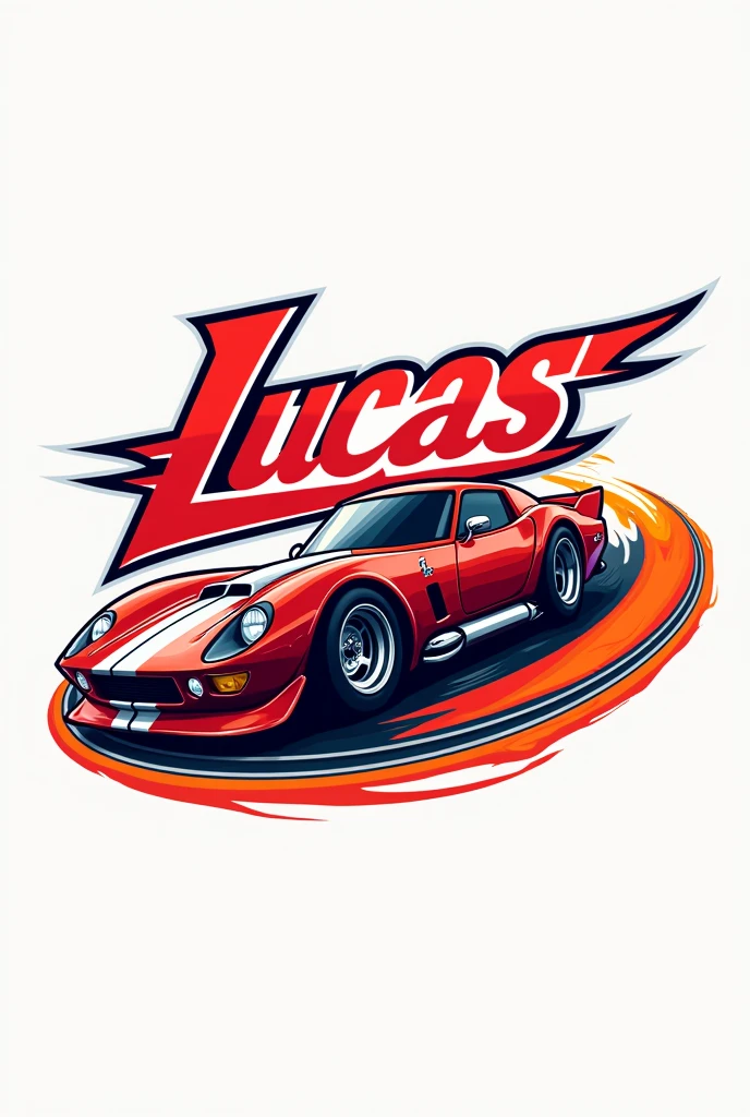 Create a logo similar to hotweels, with the word lucas in red as the main phrase, The Logo must have cars, and a hootwels track