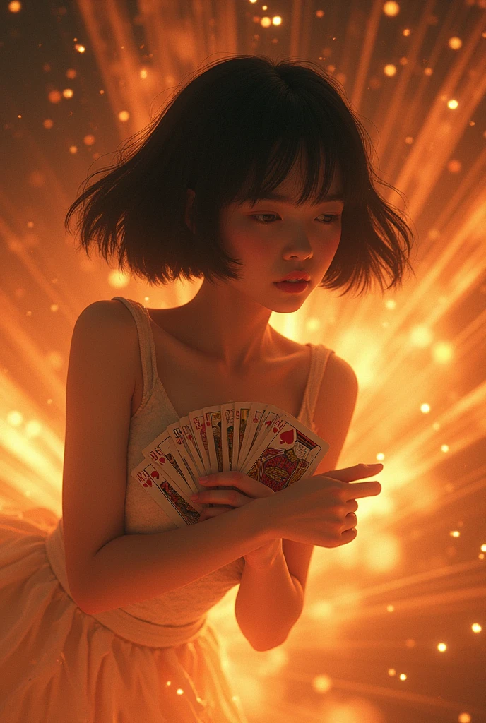 Beautiful girl、Japanese、Black Hair、Bobcut、Atmospheric Entry、Falling to Earth while burning、Cards in arms