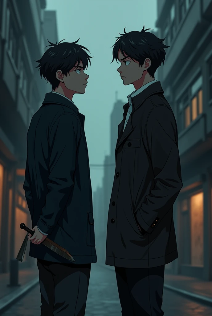 Animation of two friends standing in an urban setting, one of them with a fake smile while hiding a knife behind his back. The other friend smiles genuinely, without realizing the impending betrayal. The background of the image is dark, with shadows and dark colors, creating an atmosphere of distrust and falsehood. Facial expressions should convey the difference between sincerity and falsehood.."
