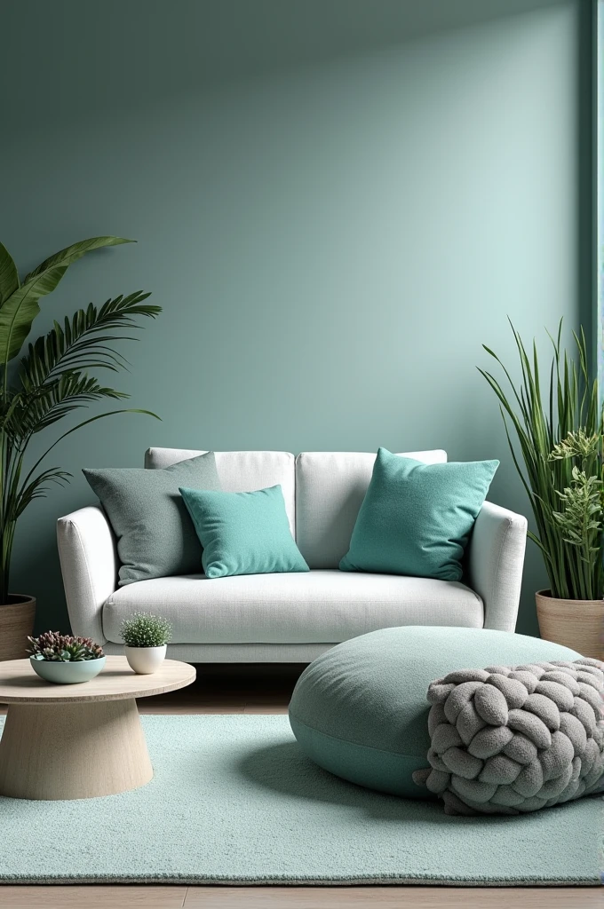 Living room decorated in shades of grey, blue and black turquoise, decorated with succulents and puff 