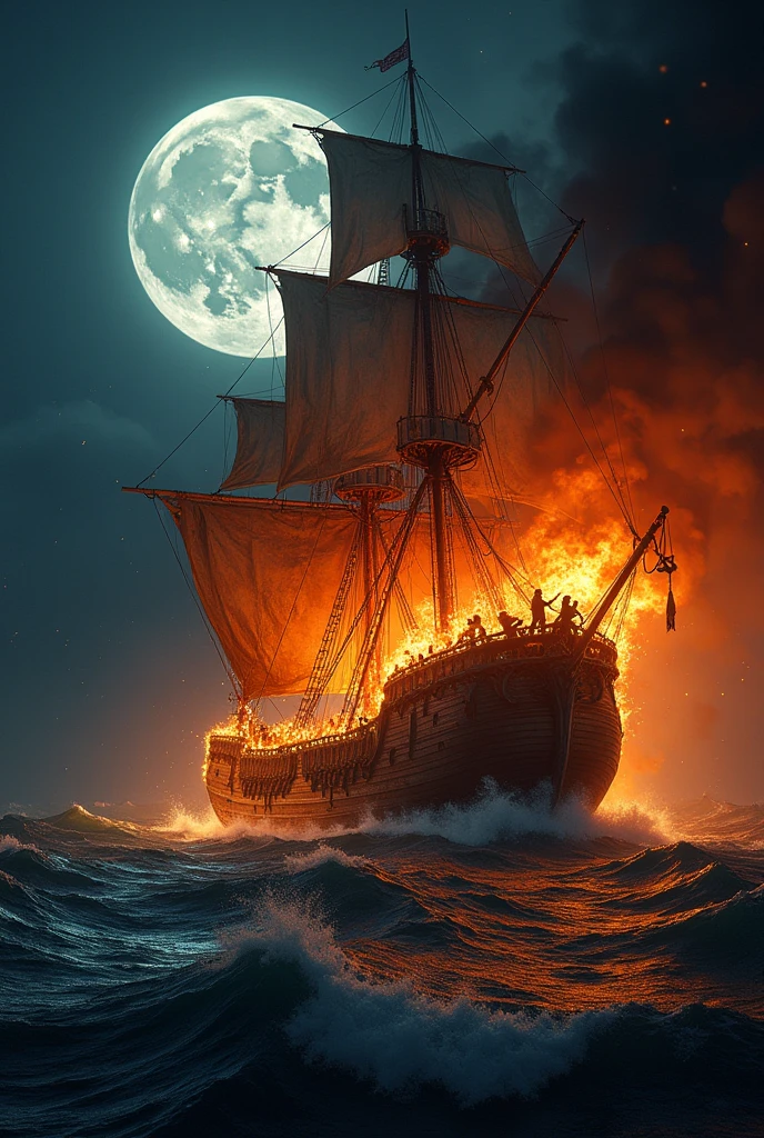 Pirate ship on fire on a full moon night