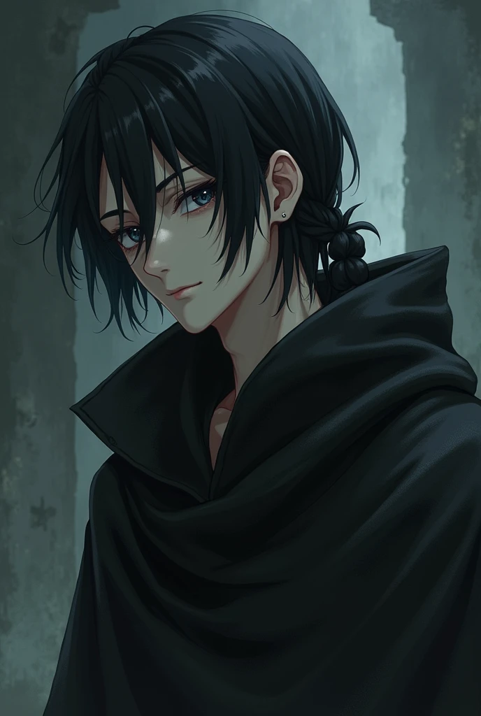 Fantasy Character. Adult man, shoulder length black hair with a braid on the left side and black eye being blind in the left eye, fair skin with dark circles under the eyes, a lazy, sleepy expression. Medieval era anime style. Wearing an old black cloak.