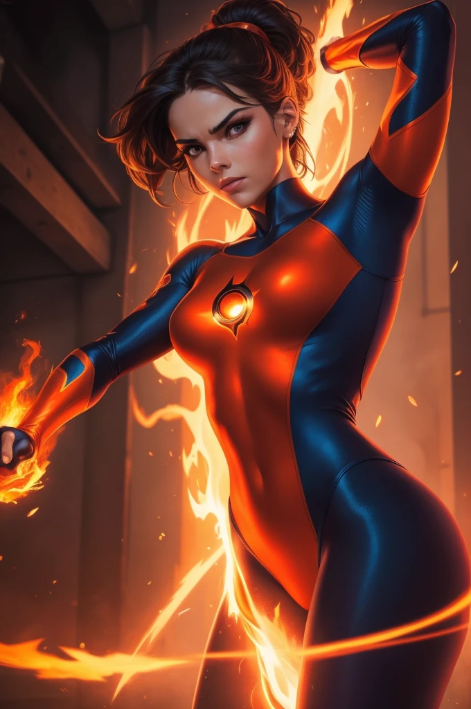 Create a breathtaking masterpiece,Shows a beautiful girl unleashing her fire superpowers, Elegant portrait reminiscent of a modern Rembrandt, A blend of beauty and power. Imagine her as charming as Fireman from Fantastic Four, A pair of piercing neon orange e5 eyes glowed in the flames that surrounded her. Fashionable, Fitted neon orange lycra bodysuit, She exudes an aura of exhilarating intensity and power.. Her upper body should be the center of the portrait., Capture her in a strong and dynamic pose